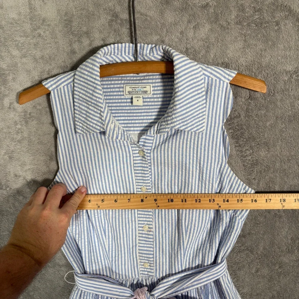 Vineyard Vines Blue and White Striped Sleeveless Shirt Dress with Pink Bow - Picture 12 of 15